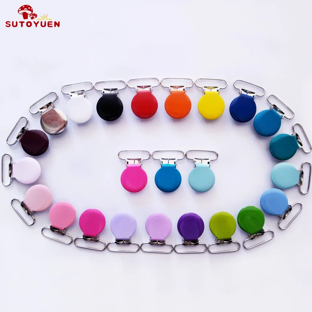 Free Shipping Mixed 21 Colors  Round Shape Metal Suspender Clips , Metal pacifier clips for 25mm webbing with Plastic tooth clip