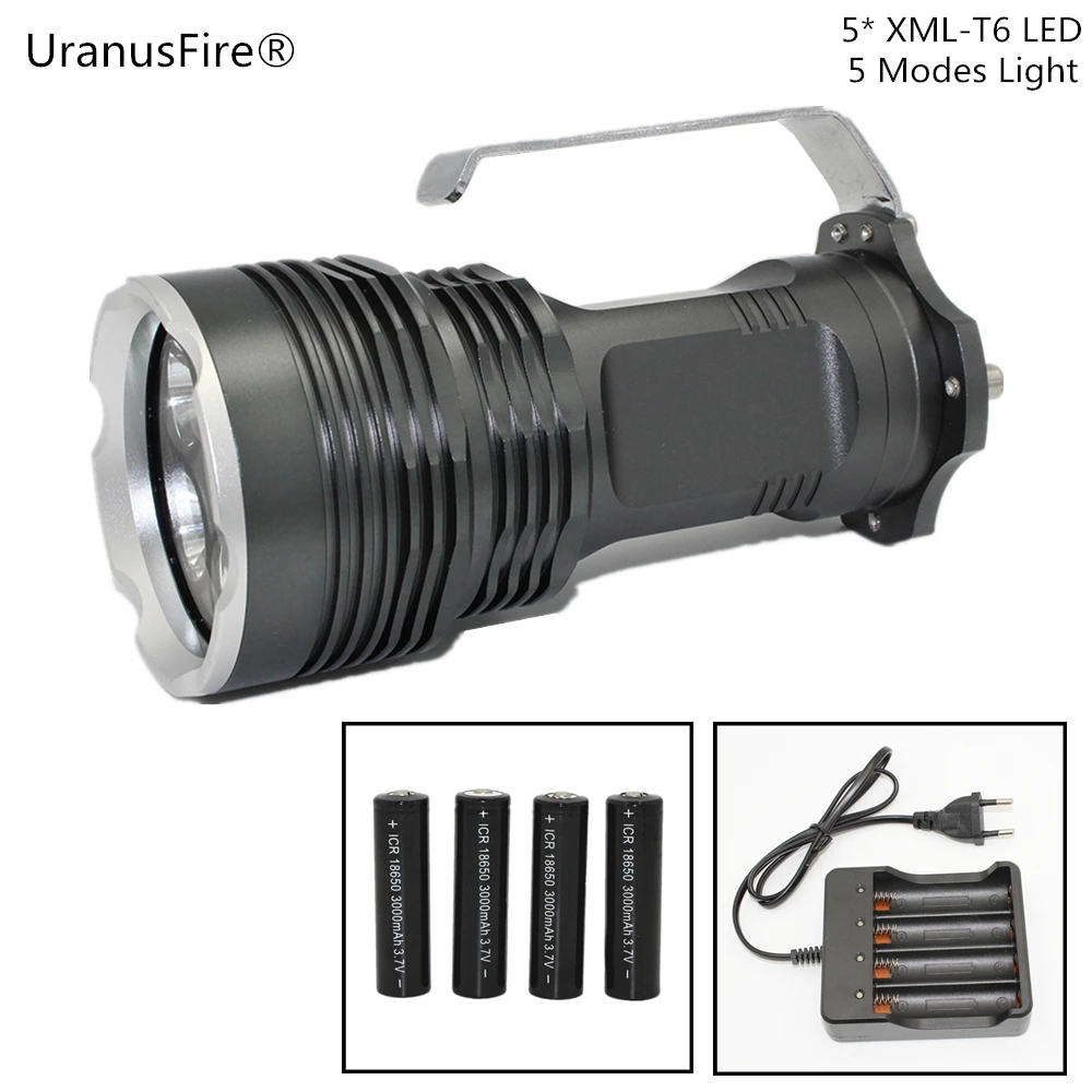 Portable Light 5000/6000 Lumens 5 x XML T6 / L2 LED Flashlight 5 Modes Lights Torch Lamp +18650 Battery + Charger For Camping