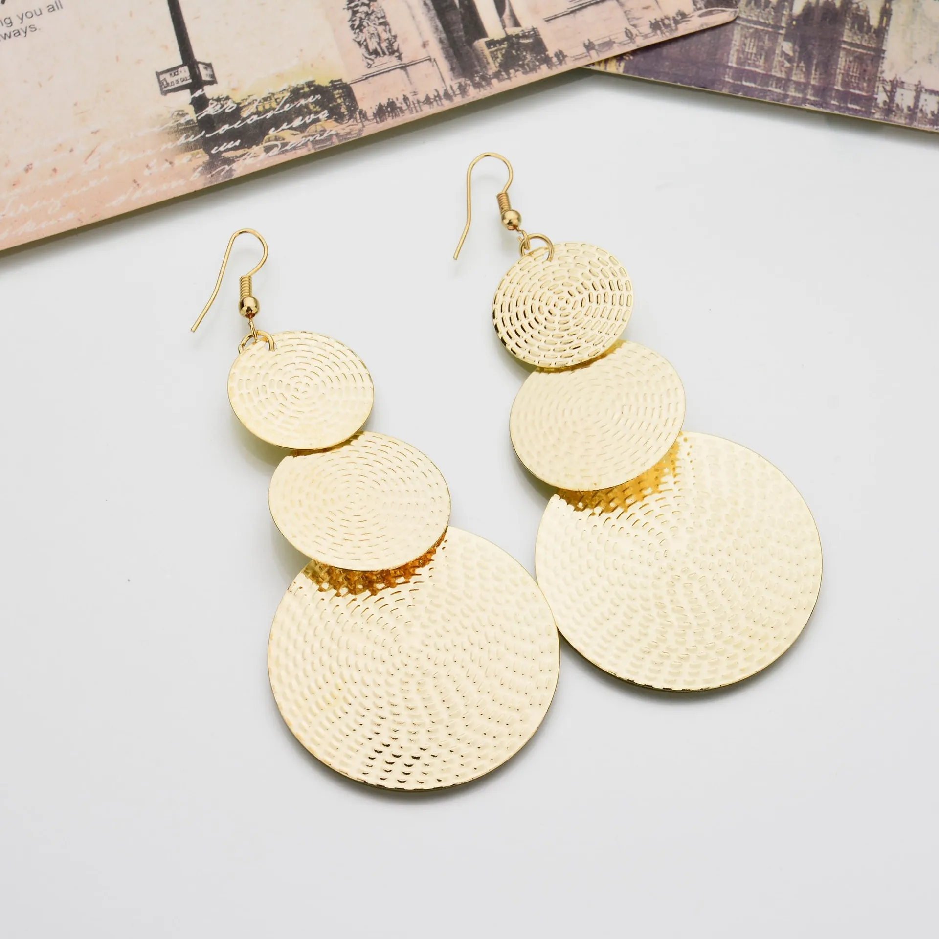 Women Fashion Exaggerated Three Layers Round Pendant Dangle Hook Earrings earings fashion jewelry 2018