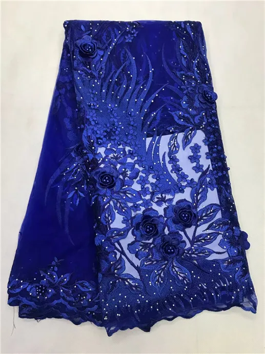 

Embroidered Flower design African French net lace fabric.High quality African tulle mesh lace fabric for wedding Royal Blue