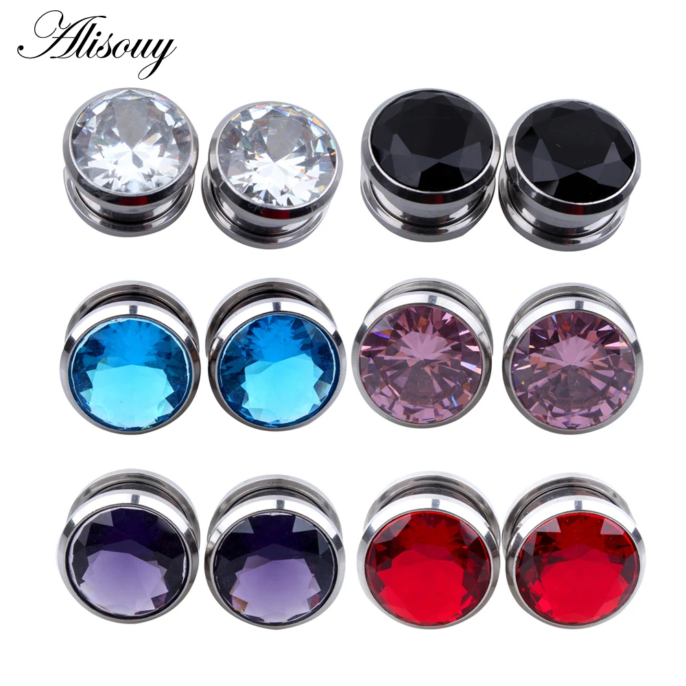 Alisouy 2 pieces Crystal Zircon Flesh Plug Tunnel Jewelry Screw Fit Ear Piercing Gauge Stretching Expander 4mm-16mm