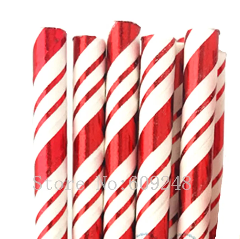 100 Pcs Christmas Metallic Red Foil Striped Paper Straws,Shiny Retro Vintage Holiday Party,Stripe Mason Jar Cake Pop Sticks Bulk