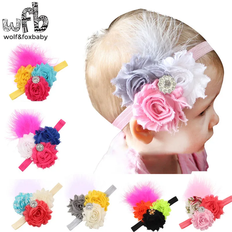 Retail headband three flowers feather elastic hair band fashion hair accessories baby infant Kids children