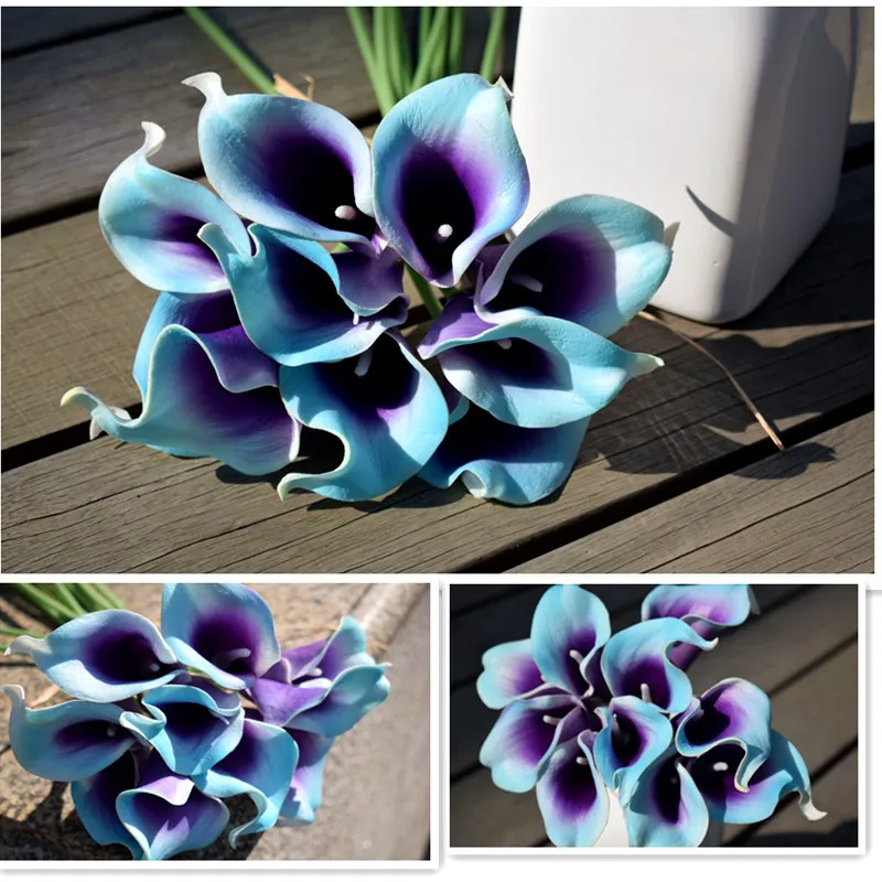 10 Teal Purple frozen Calla Lilies Real Touch artificial Flowers For Wedding Bouquets Centerpieces Wedding Decorations Home deco