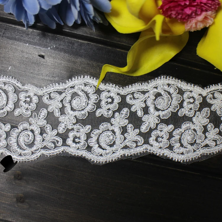 

5 meter 7.5cm 2.95" wide ivory bridal wedding embroidery lace trim ribbon for dress skirt clothes L24L12