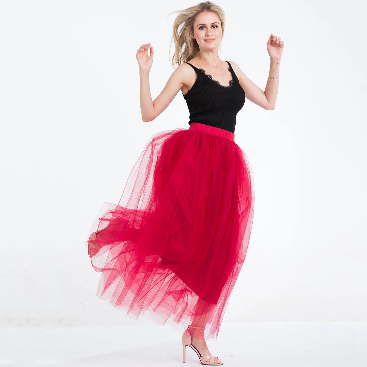 

Summer Skirts 2019 NEW Women Summer Casual Solid Elastic High Waist Double Layers Tulle Skirts 6 color