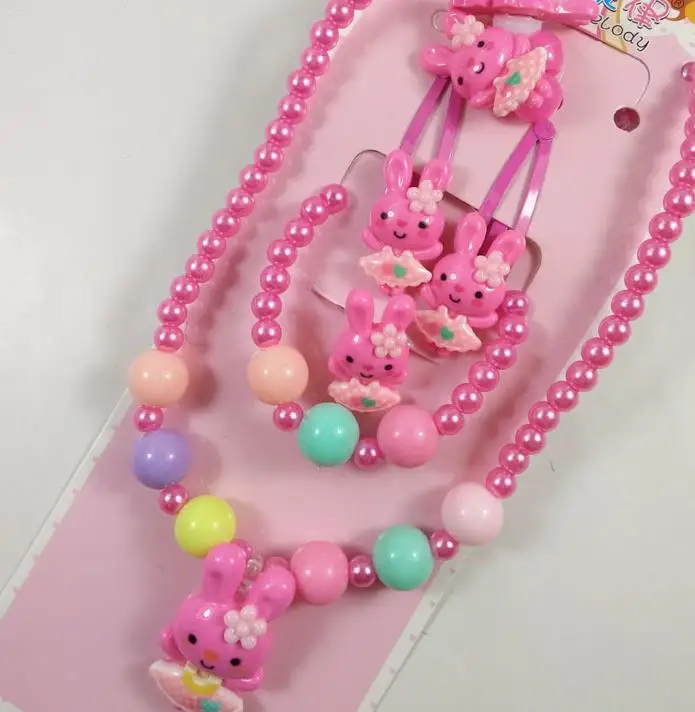 Kids gift set girl pearl beads cartoon pendants necklace bracelet ring hair clip hairband Set XMAS Party bag filler prize pink