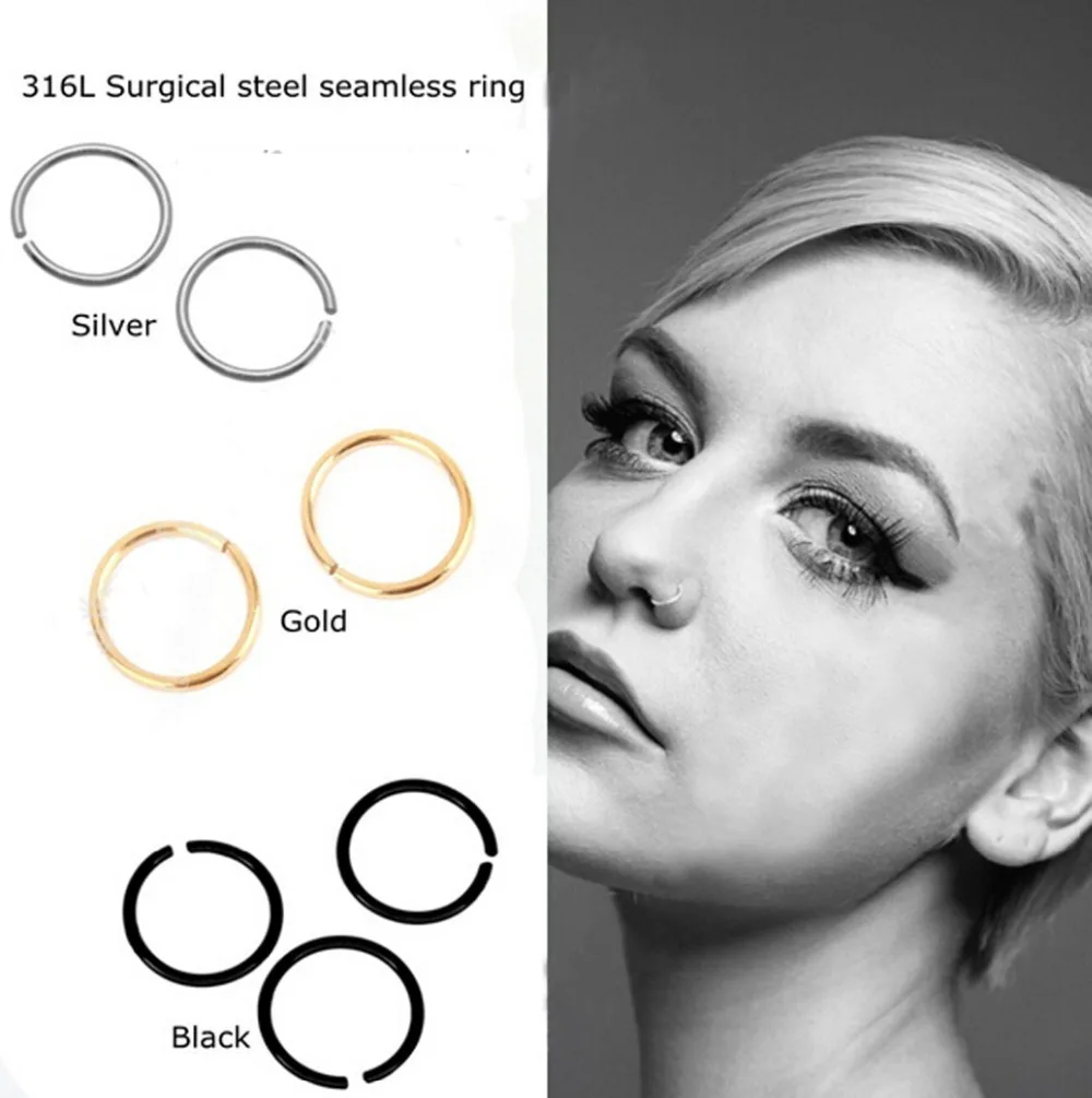 Showlove 15pcs 316L Surgical Steel Nose Ring Septum Hoop Seamless Rings Steel Anodized Gold Black 3 colors Fake Nose Pircing