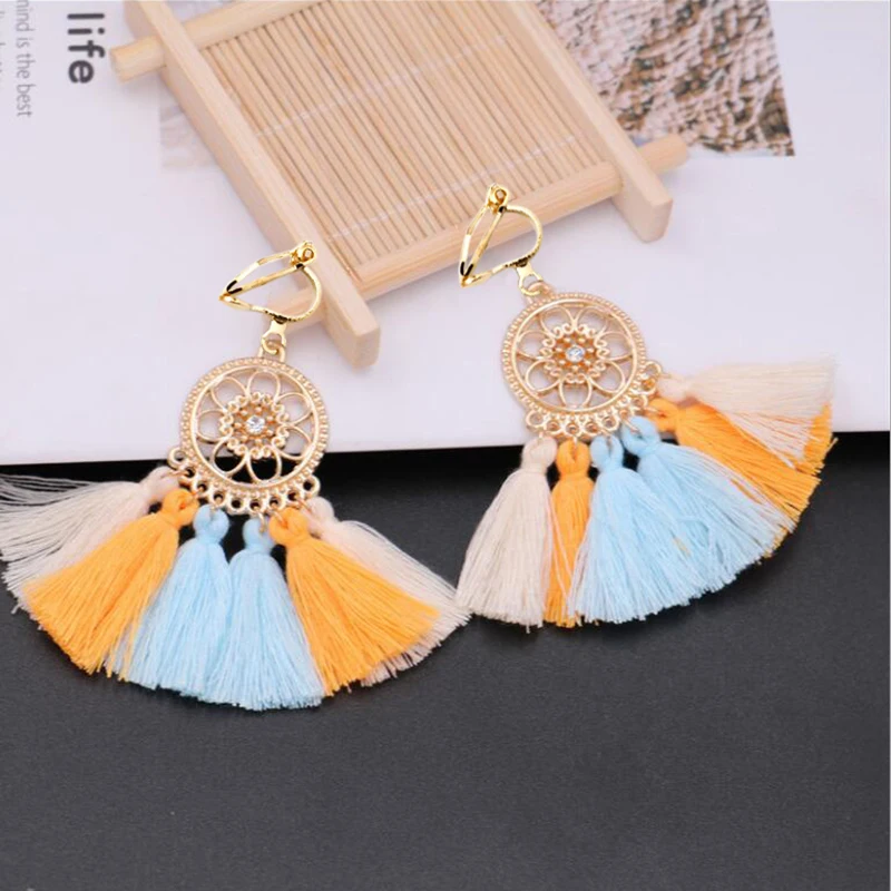 JIOFREE Tassel earrings bohemian statement luxury long Clip On Earrings Without Piercing handmade women geometric Boho Jewelry