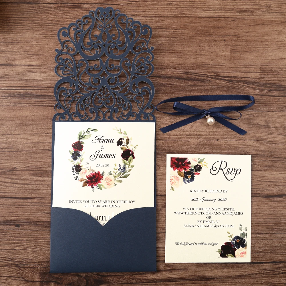 

50pcs Navy blue New Arrival Horizontal Laser Cut Wedding Invitations with RSVP card,pearl ribbon,Customizable