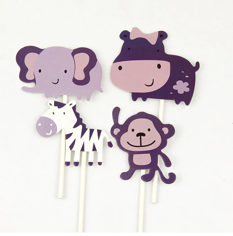 Cake Flags Cupcake Topper Toppers 4pcs/set Happy Birthday Rhino elephant Zebra monkey Cartoon Cake Wrapper Party Decor For Kids