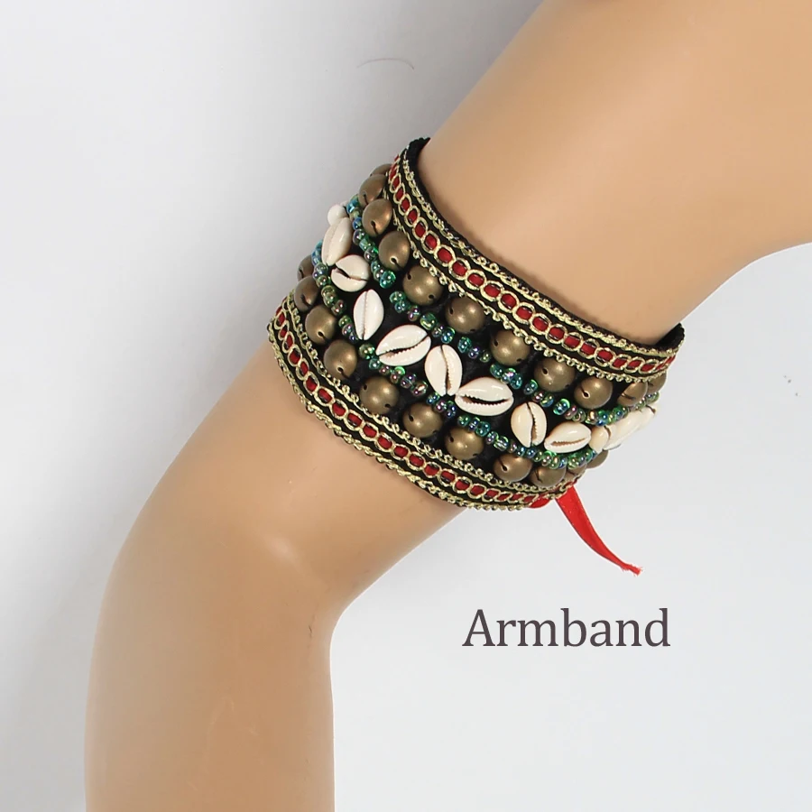 Tribal Belly Dance Costume Accessories 2 Pieces Set Bronze Beads Wristband & Armband Adjustable Fit Gypsy Jewelry Bracelets