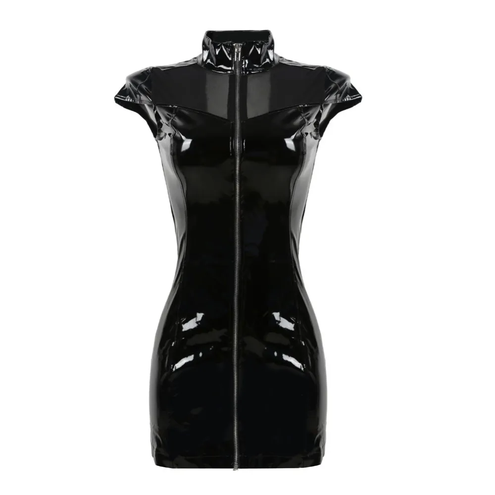 Adult Nightclub DS Wet Look PVC Vinyl Mini Dress Lace Back Exotic Clubwear Dress