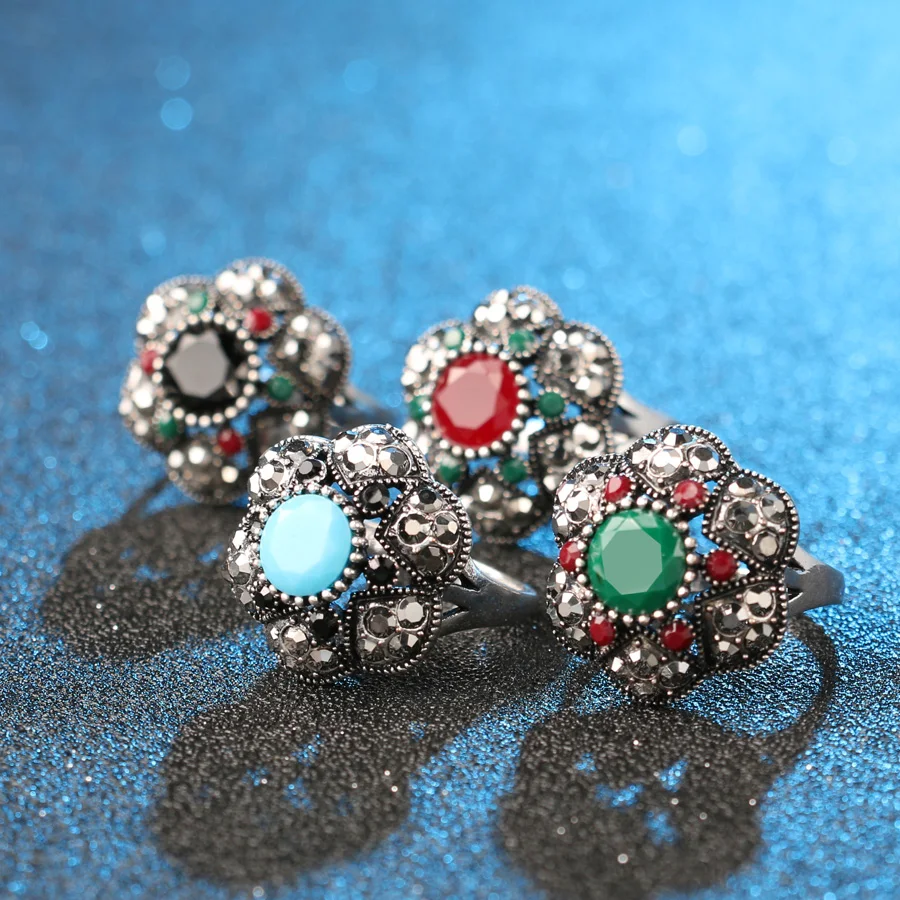 Vintage Jewelry Crystal Flower Rings For Women Silver Plated Mosaic Colorful Resin Ring Bohemian Jewelry Wholesale