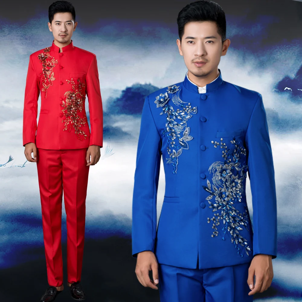 Chinese Zhong Shang embroidery Clothing Men's costume tunic sequins stage choral Outfit service men's wedding singer host Suits