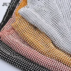 JUNAO 45*120cm Glitter Clear Silver Rhinestone Mesh Fabric Crystal Ribbon Glass Strass Applique Sewing Metal Trimming for Dress