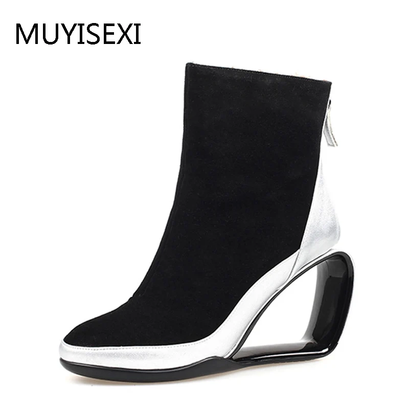 Winter Ankle Boots Hollow out High Heel Wedge Shoes Woman Snow Boots Women\'s Boots Made of Genuine Leather HL108 MUYISEXI