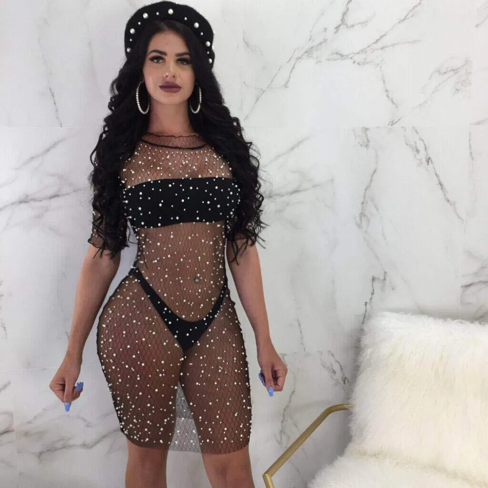 

BKLD 2024 See Through Fishnet Dress Mini Dress Women Diamond Mesh Sheer Half Sleeve Sexy Bodycon Dress Party Beach Sundresses