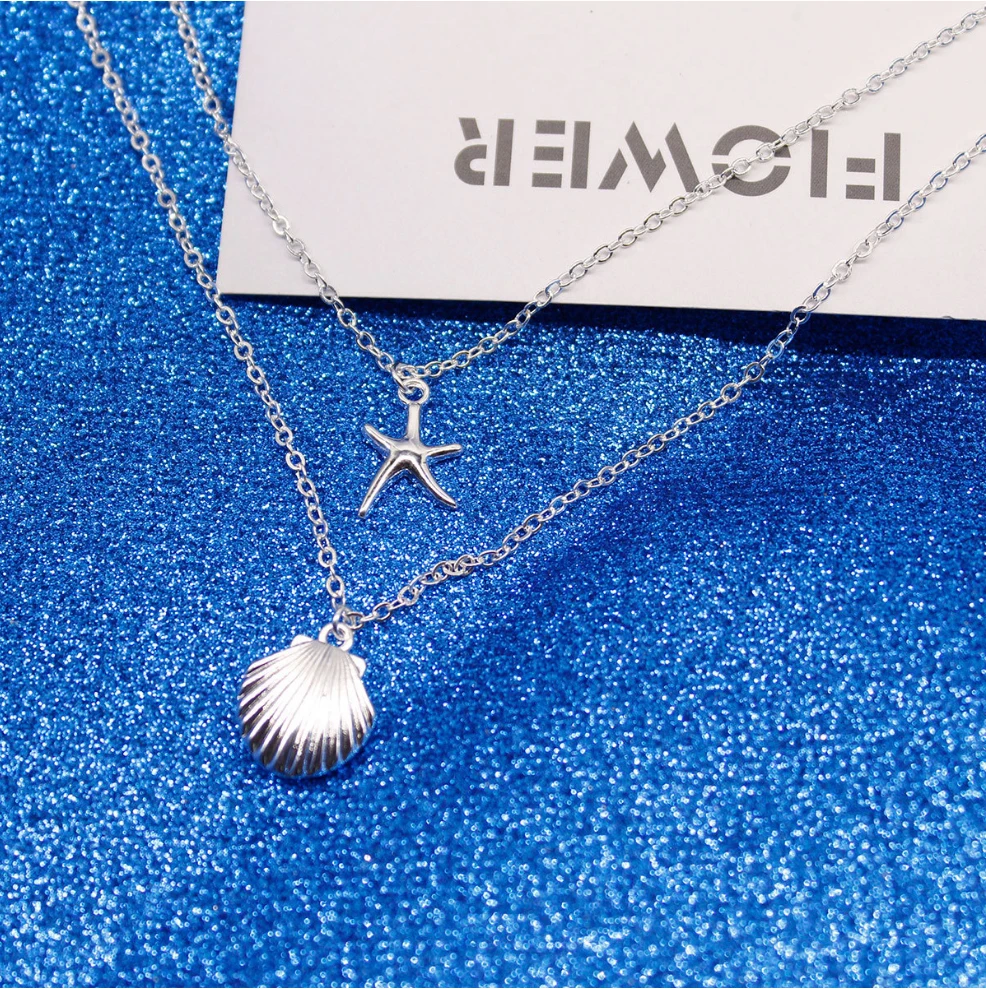 Two layers Necklace alloy diecast Shell Starfish Pendant  plated with metal chain for Women Girls Gift