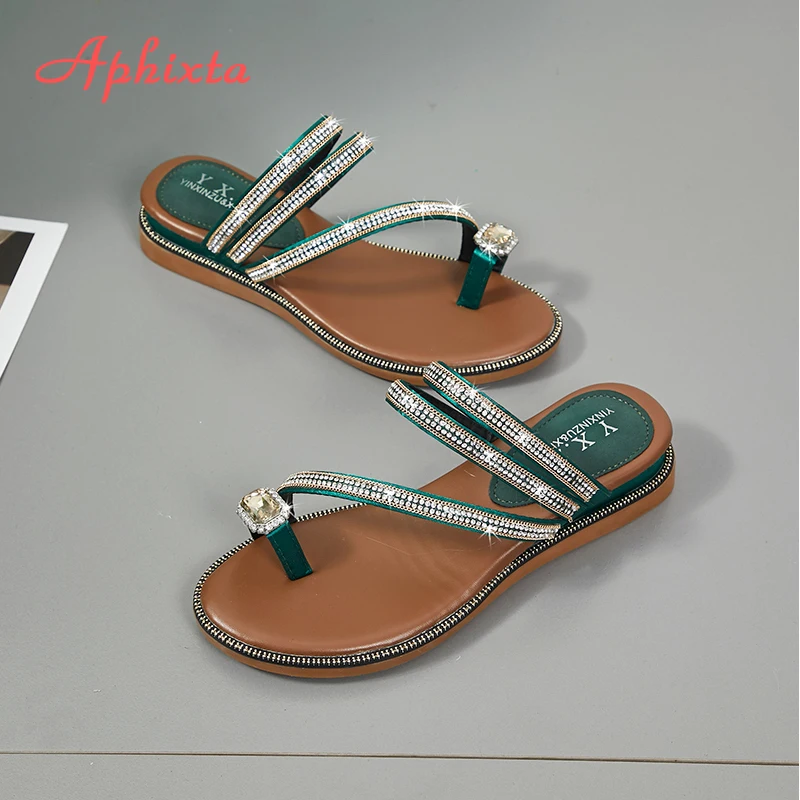 Aphixta Wedges Sandals Women Rhinestones Female Flip Flops Summer Modis Leather Crystal Slippers Ladies Babouche Bling Shoes