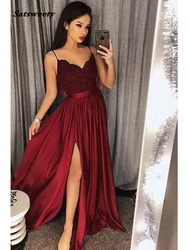 Brautjungfer Kleider Lange Spaghetti Strap Spitze Satin Elegante Formale Party Kleider Sexy Seite Split Prom Kleider Robe De Soiree