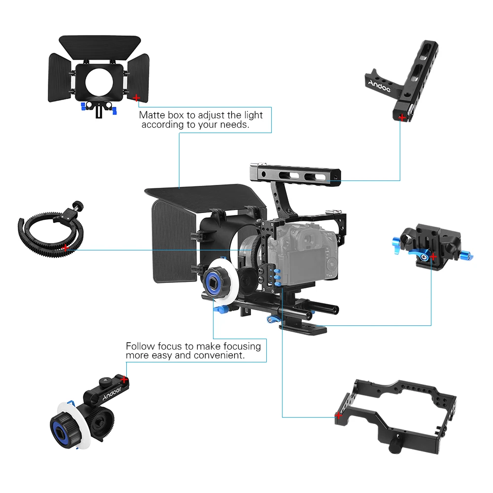 Andoer C500 Camera Camcorder Video Cage Rig Kit Matte Box+Follow Focus+Handle Grip for Sony A7IV/A7S/A7/A7R ILDC Camera