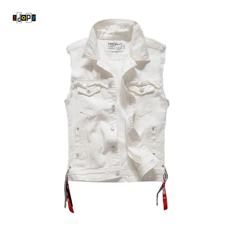 Idopy Fashion Men`s HipHop Denim Vest Vintage White Male Ripped Hip Hop Waistcoat Sleeveless Jacket For Hipster