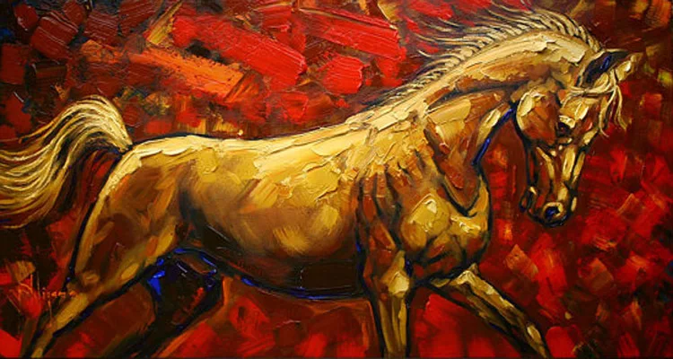 

Red Background Golden Horse Oil Painting On Canvas For Living Room Wall Art Decoration Abstract Running Horse Painting for Decor