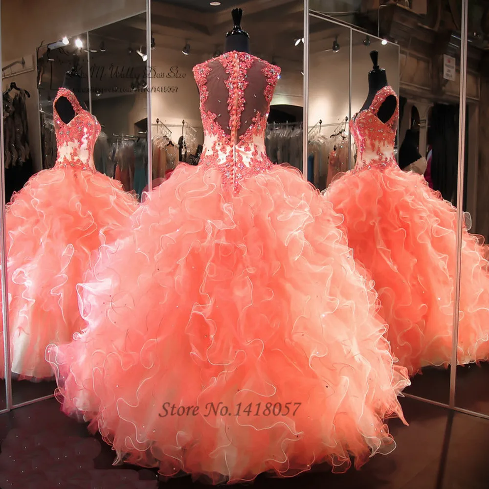 Echt Günstige Coral Quinceanera Kleider Kleider Spitze Perlen Vestidos de Quitte anos 2016 Süße 16 Kleider Ballkleid Debütantin Kleider