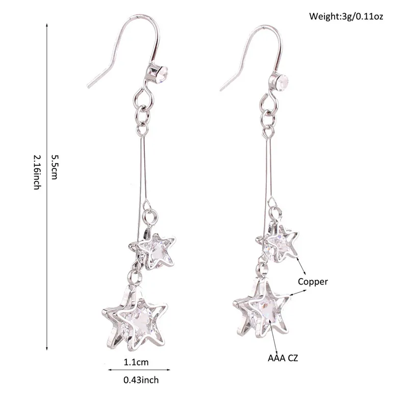 Grace Jun  New Arrival CZ Double Five-pointed Star Clip on Earrings No Pierced for Women Elegant Bridal Earrings Not Allergy