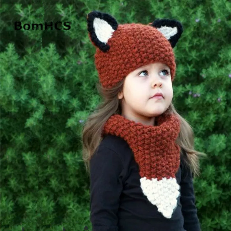 

BomHCS Scarf & Cap Suit Autumn Winter Kids Warm Handmade Knit Beanie Cartoon Fox Funny Hat (fit the head 45-50cm)