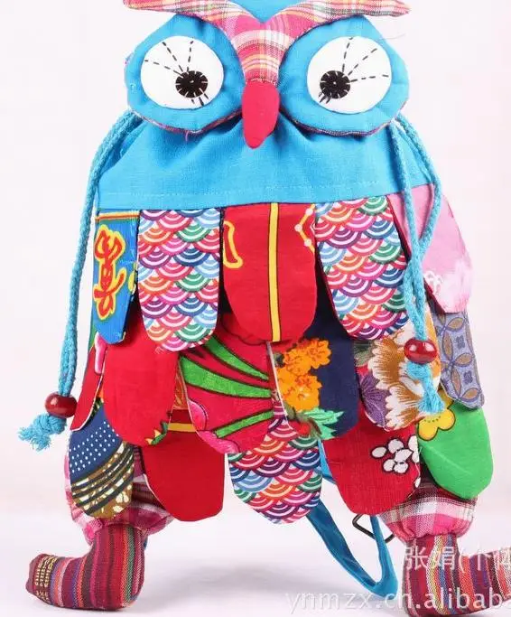 1 pcs/lot Preschool Kids Owl Ethnic Bag Colorful Stitch cartton soft Backpack with string Children Purse Gift patchwork bag