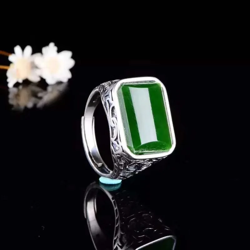 Free shipping Natural Hetian Jade Man Ring 925 sterling silver Wholesales Fine jewelry  12*16mm gem