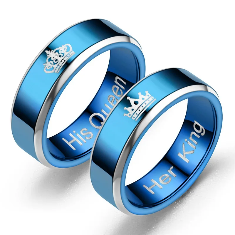 Stainless Steel Blue Color Rings Lette His Queen Her King Couple Rings, Women Men Engagement Rings Wedding Accessories