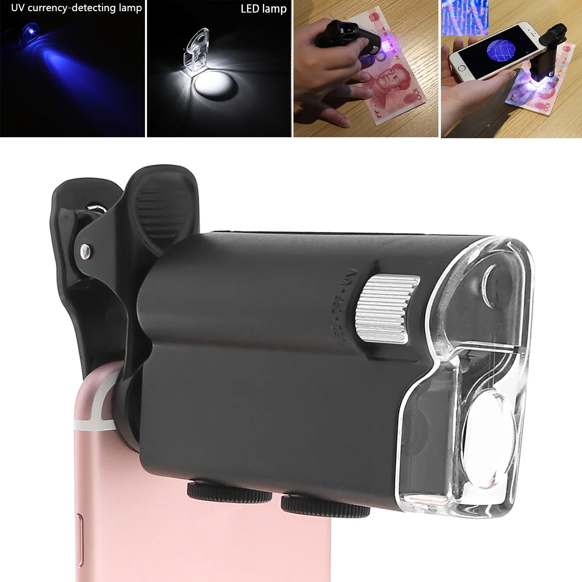 

Portable Magnifier 60-100X Adjustable Microscope with Cell Phone Clip Pocket Magnifying Glass LED UV Light for Jewelry Gem