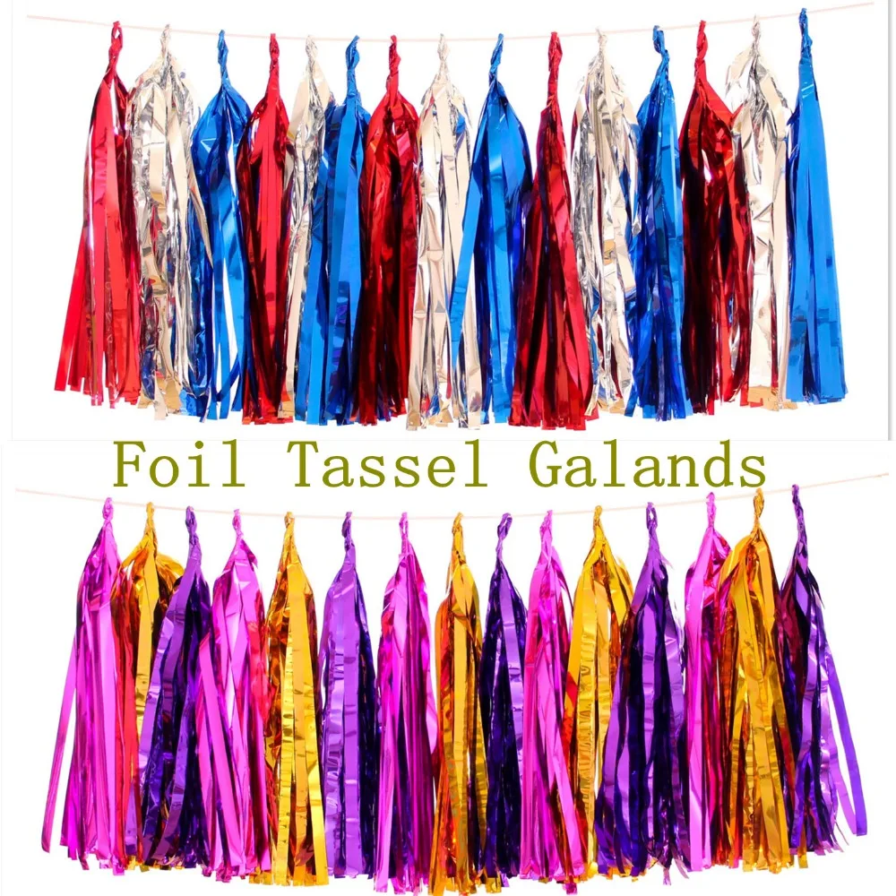 

Free DHL 700pcs 14"(35cm) Metallic Foil Tassel Garlands-Gold Silver Blue Red Purple Pink Green Tissue Tassels-Wedding Party Bulk