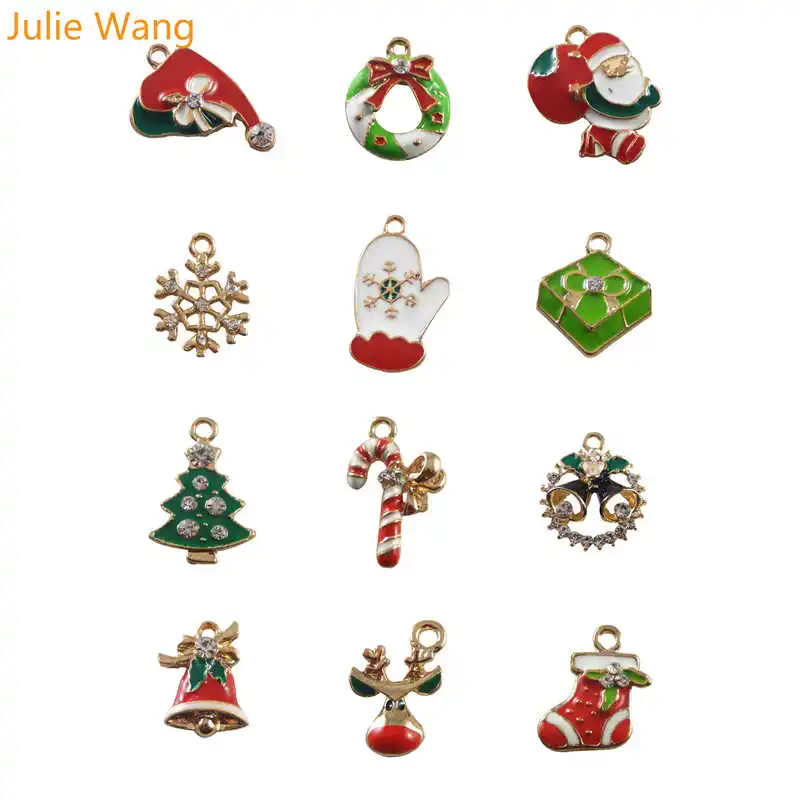 Julie Wang 12pcs Alloy Enamel Santa Claus Christmas Tree Shoe Deer Snowflake Charms Pendant Jewelry Making Christmas Decoration