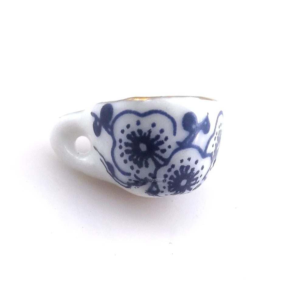 50pcs/lot Blue Flower Printed Antique Chinese Style Teacup Pendants 16x11x9mm Ceramic Charms For DIY