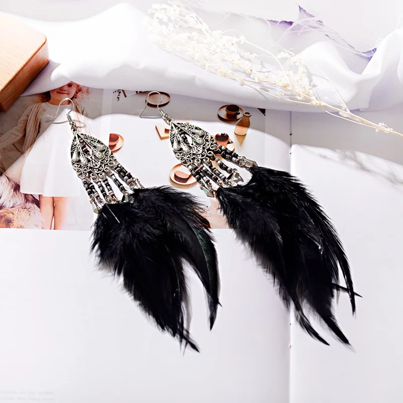 Gypsy Earring For Women Dangle Feather White Long Ear Jewelry Bohemia Vintage Trendy Beads Drop Earrings Fashion Jewelry