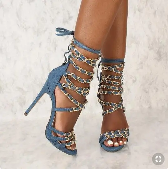 Blue Denim Strappy Sandals Shoes Gold Chain Straps Cross Shoes Cut-out Gladiator Heels High Platform Ladies Shoes and Heel