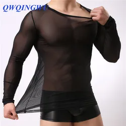 Erkek fanila eşcinsel giyim naylon örgü gömlek erkekler See Through Sheer uzun kollu T shirt erkek seksi şeffaf gömlek iç çamaşırı