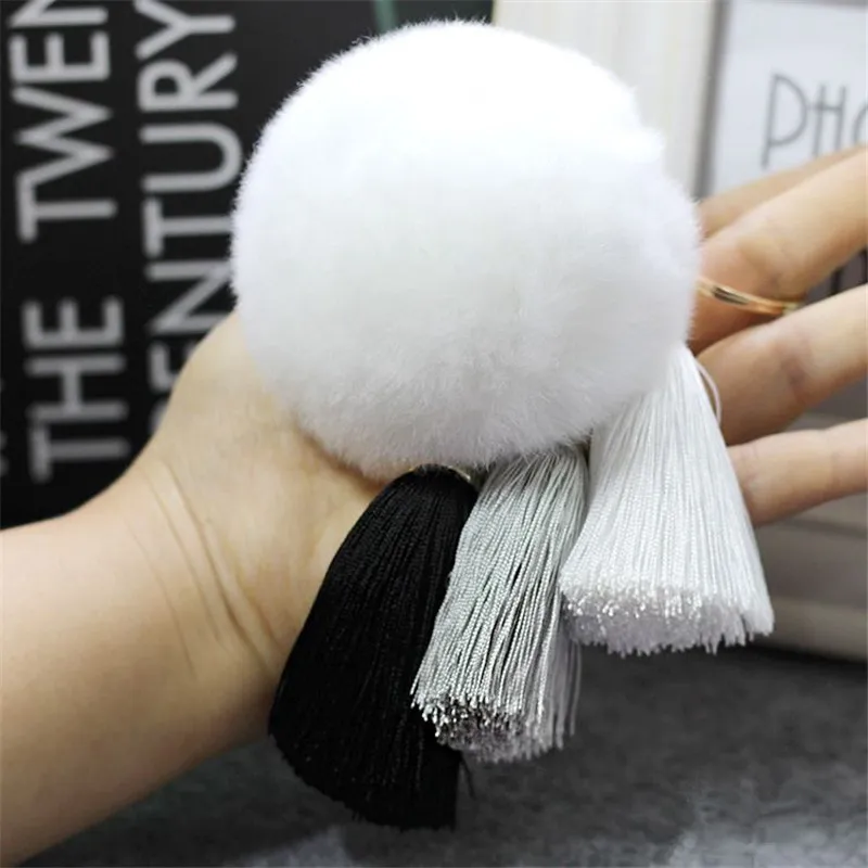 Fashion Fluffy Rabbit Fur Pompom Ball Key Chain For Women Gradient Color Tassels Keychain On Bag Car Trinket Jewelry Party Gift