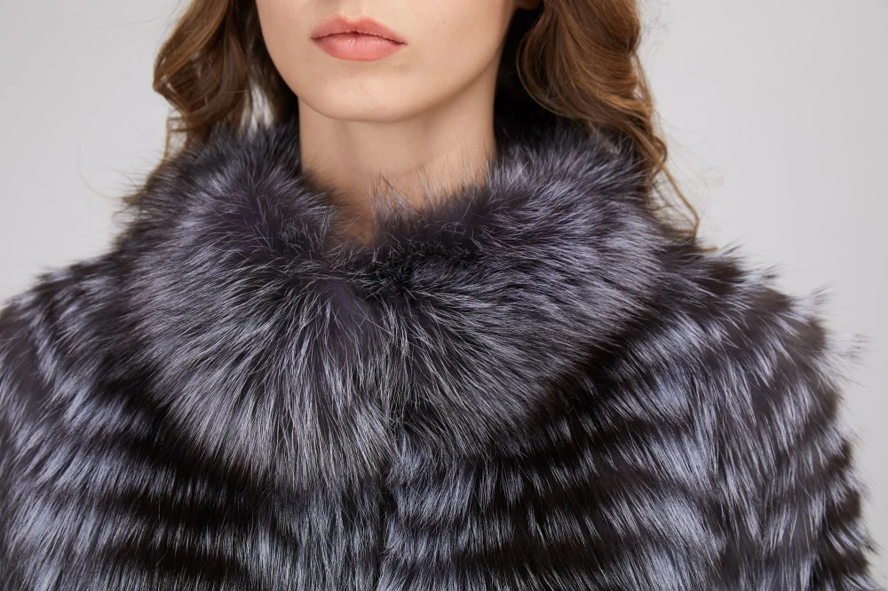 Women's Striped Real Silver Fox Fur Coat, Long Cardigen with Wool Lining, Big Size Clothes, Elegant Outwear, Spring, Lux18A09164