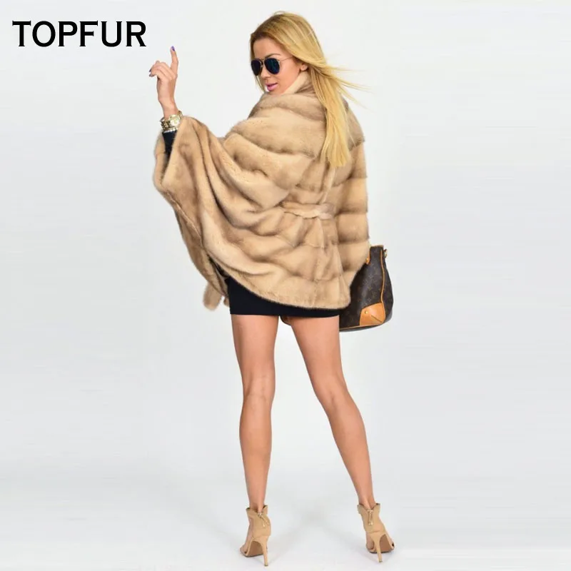 TOPFUR-abrigo de piel de visón para mujer, abrigo grueso y cálido de 70 Cm de largo con cinturón, chaquetas de piel para Otoño e Invierno