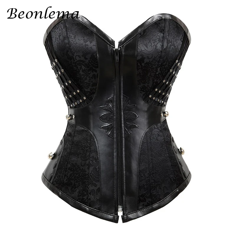 Beonlema Gothic Women Corset Sexy Bustiers Steampunk Faux Leather Corsets Lacing Up Black Red Goth Clothing With Zipper