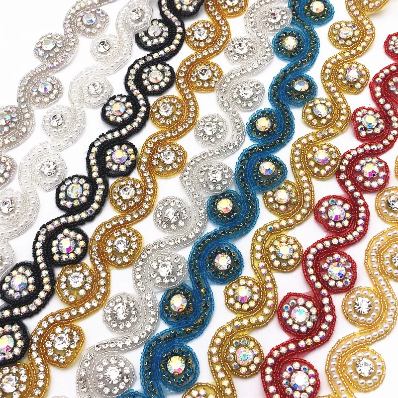 5yards many color Pearls Crystal Rhinestone Beaded Trim Applique Iron On Bridal Costume SEW ON