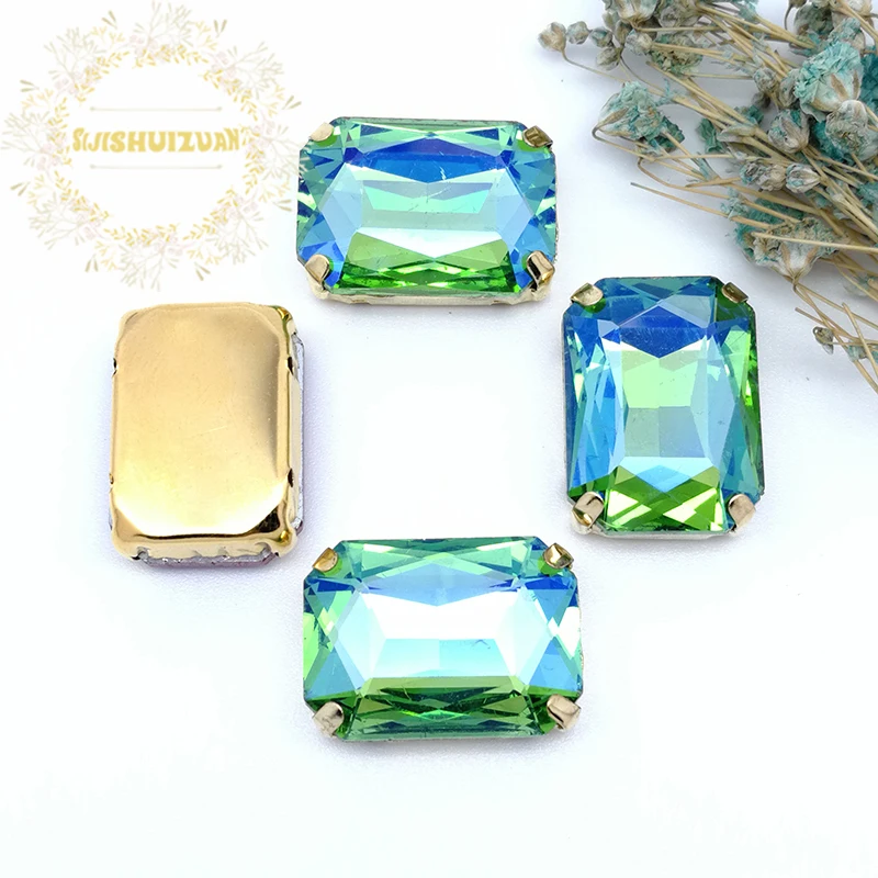 Green AB Color Rectangle Glass Crystal Sew On Rhinestones Sewing With Gold Four Claw Diy Wedding Dress Accessories 20PCS/Bag