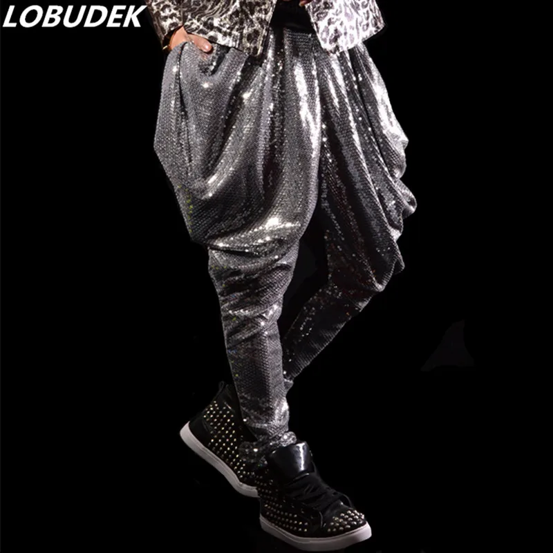 New Men's Loose Long Pants Silver Gray Sequins Harem Pants Tide Male Rock Singer HIP HOP Dance Costume DJ Performance Trousers