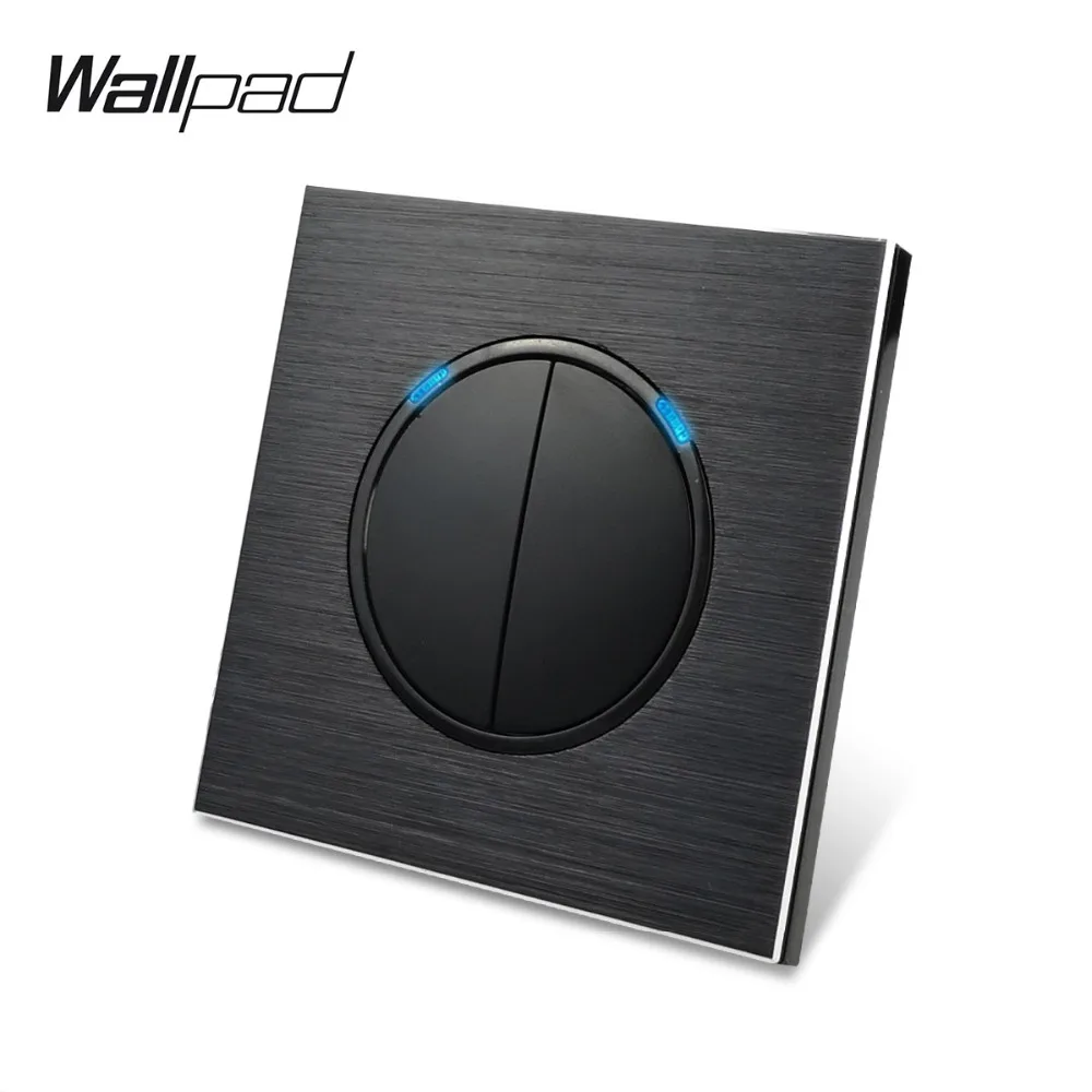 Wallpad L6 Satin Black Metal Aluminum Plate 2 Gang 2 Way Wall Light Switch Click Push With Blue LED Indicator Round Design