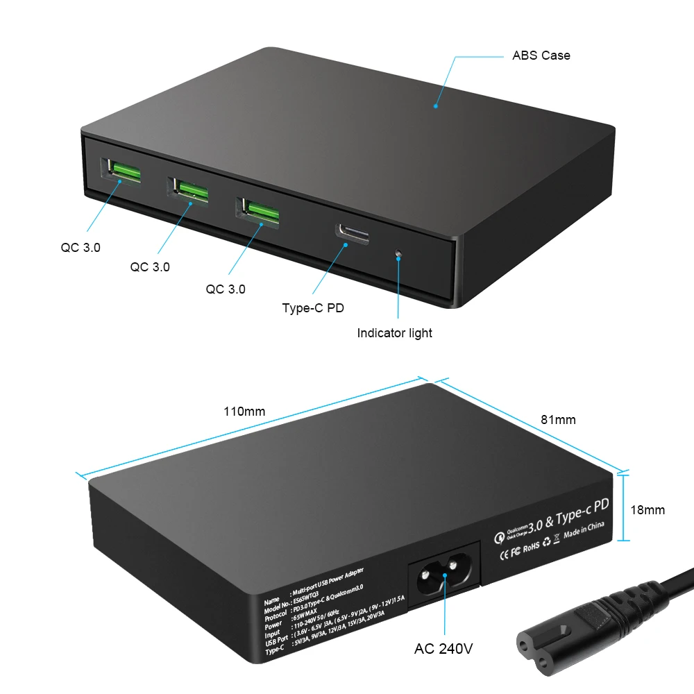 PD3.0 Type-C & QC3.0 Quick Charge 3-Port USB 3.0 Fast Charger Power Adapter For Macbook iPhone Tablet With Type C Cable